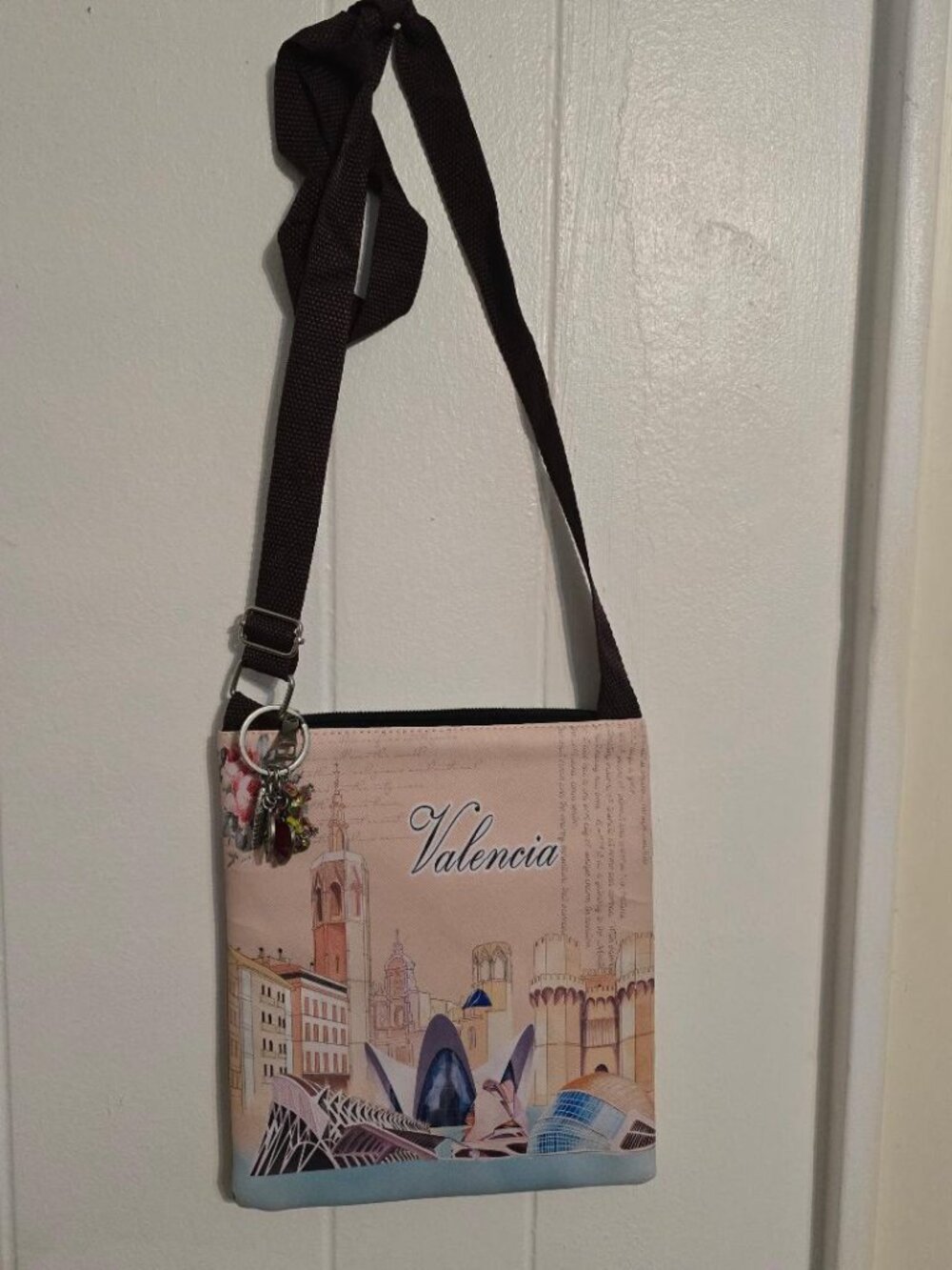 Crossbody bag featuring landmarks of Valencia, Spain 8X9" 44" adjust nylon strap